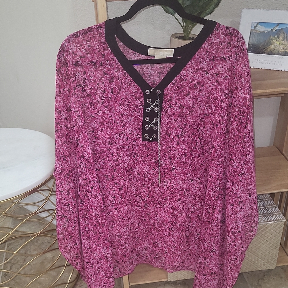 Michael Kors Fuchsia Sheer Poncho Top 1X Black Trim Chain V-Neck Tunic
